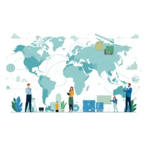 A global business expansion scene showing world map elements